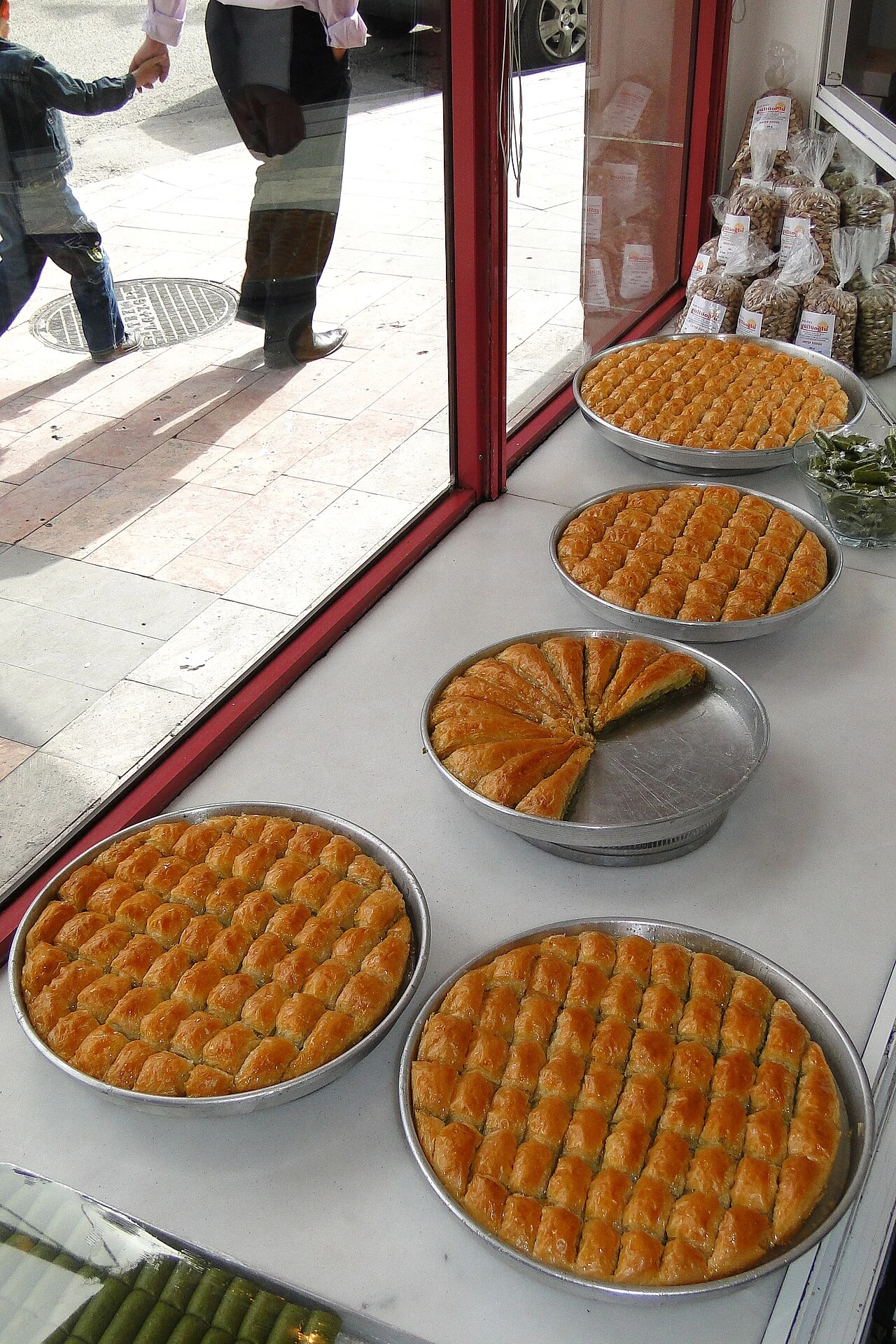 Baklava trays in Gaziantep, illustrating regional pastry craft.