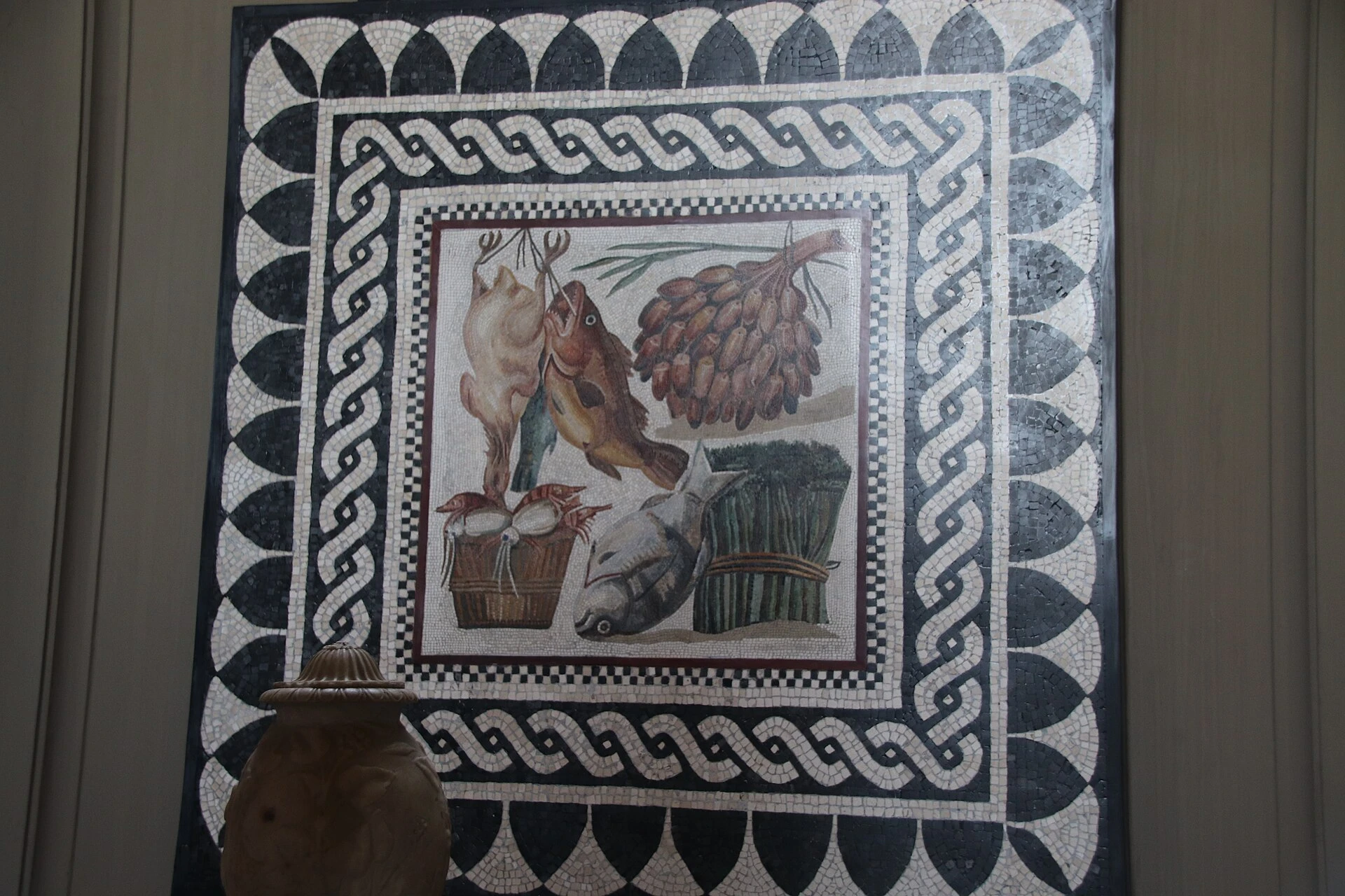 A still life in an ancient Roman mosaic.