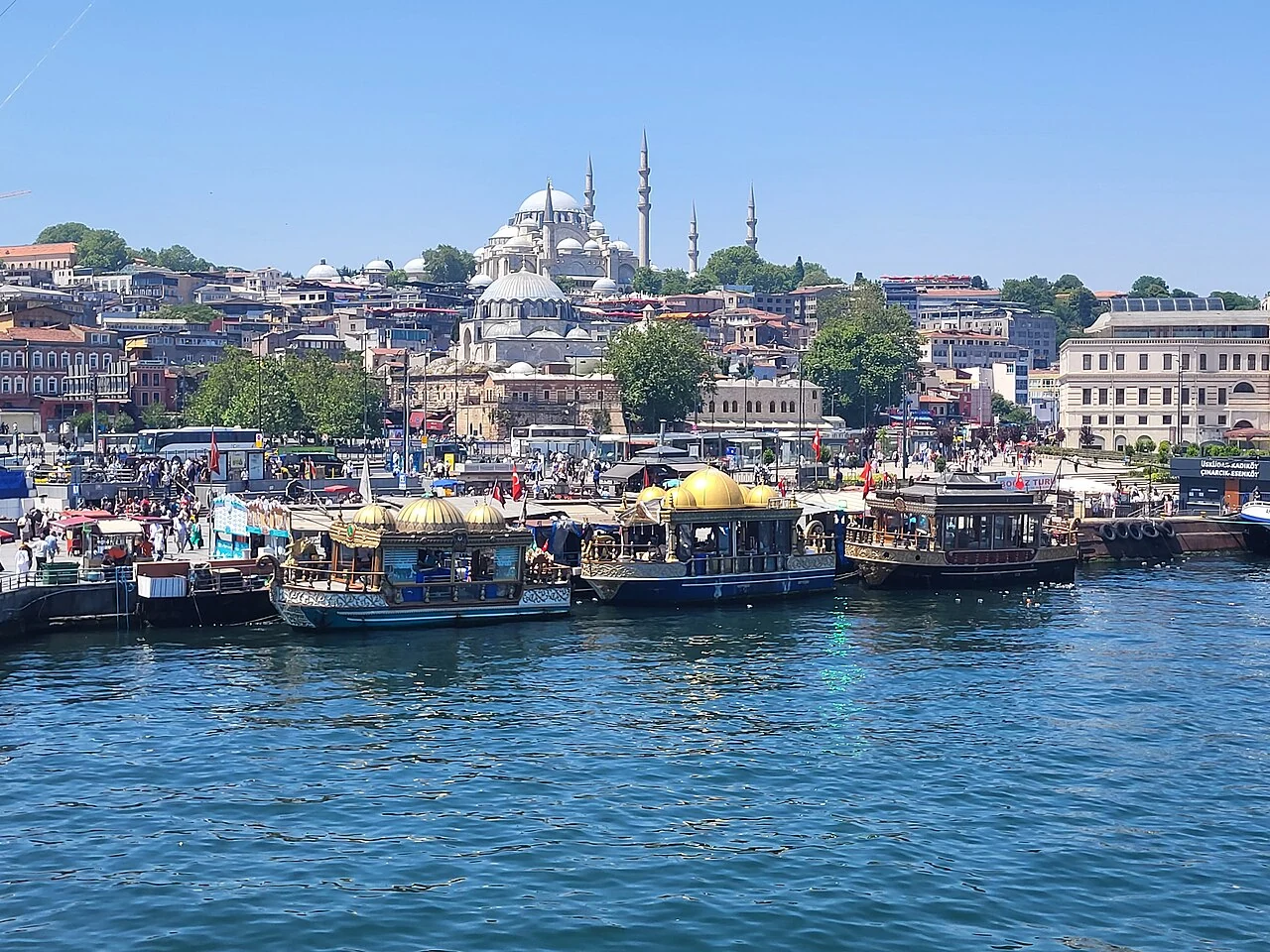 Fish-sandwich boats and the city skyline at Eminönü.