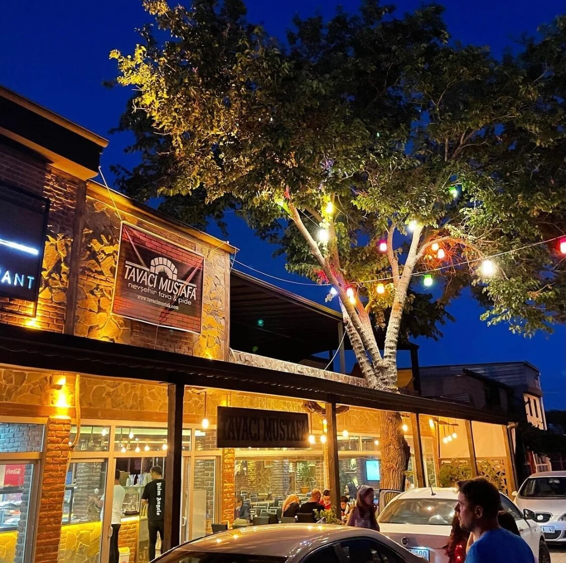 Tavacı Mustafa restaurant facade at dusk in Nevşehir