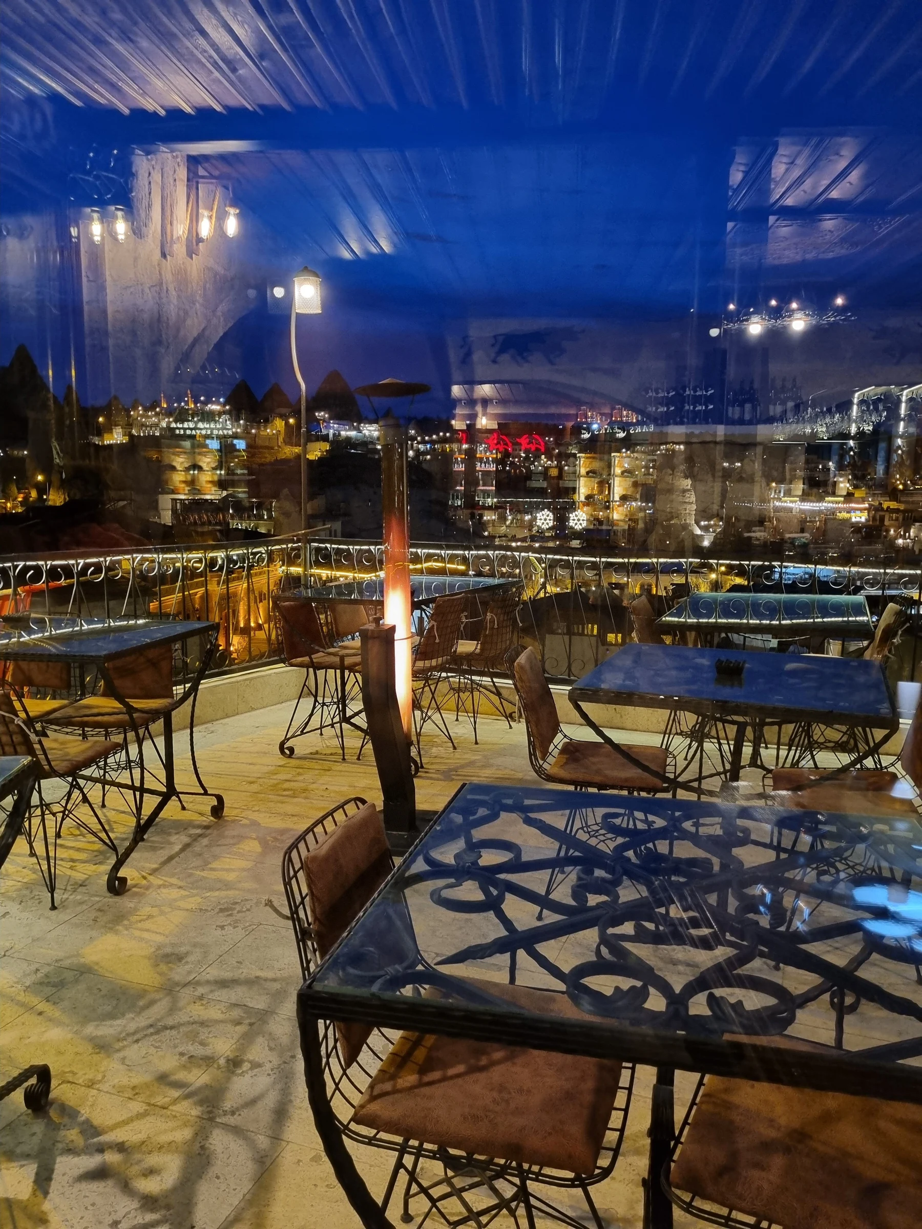 Oscar Steak House in Göreme — terrace tables at dusk
