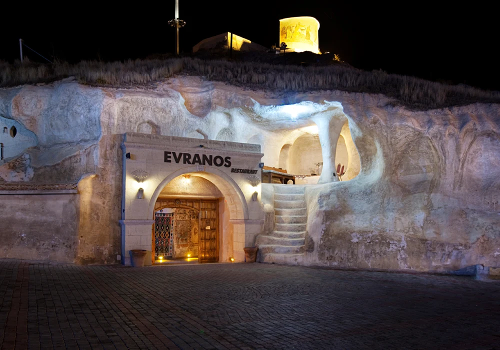 Rock-cut entrance to Evranos Restaurant in Avanos