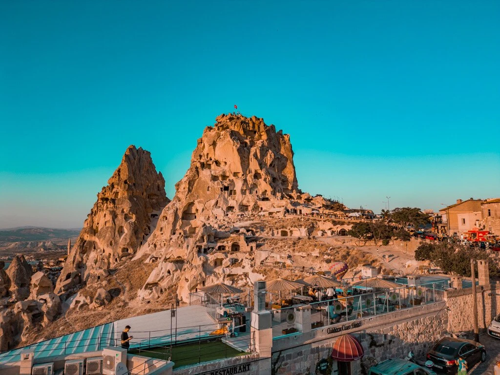 View of Uçhisar Castle from Cappadocia Senza Restaurant’s terrace