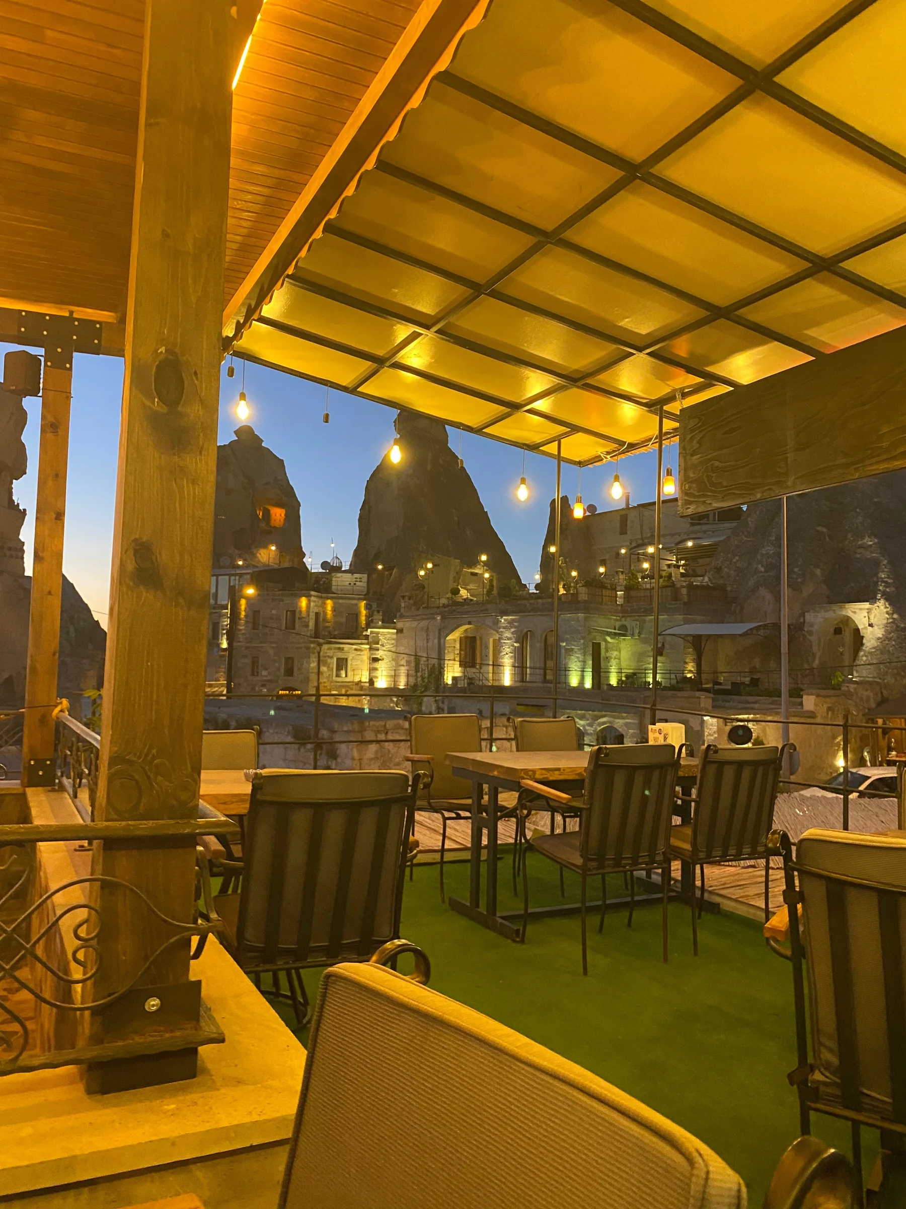 Evening view from the covered terrace at Burger Wine House, Göreme