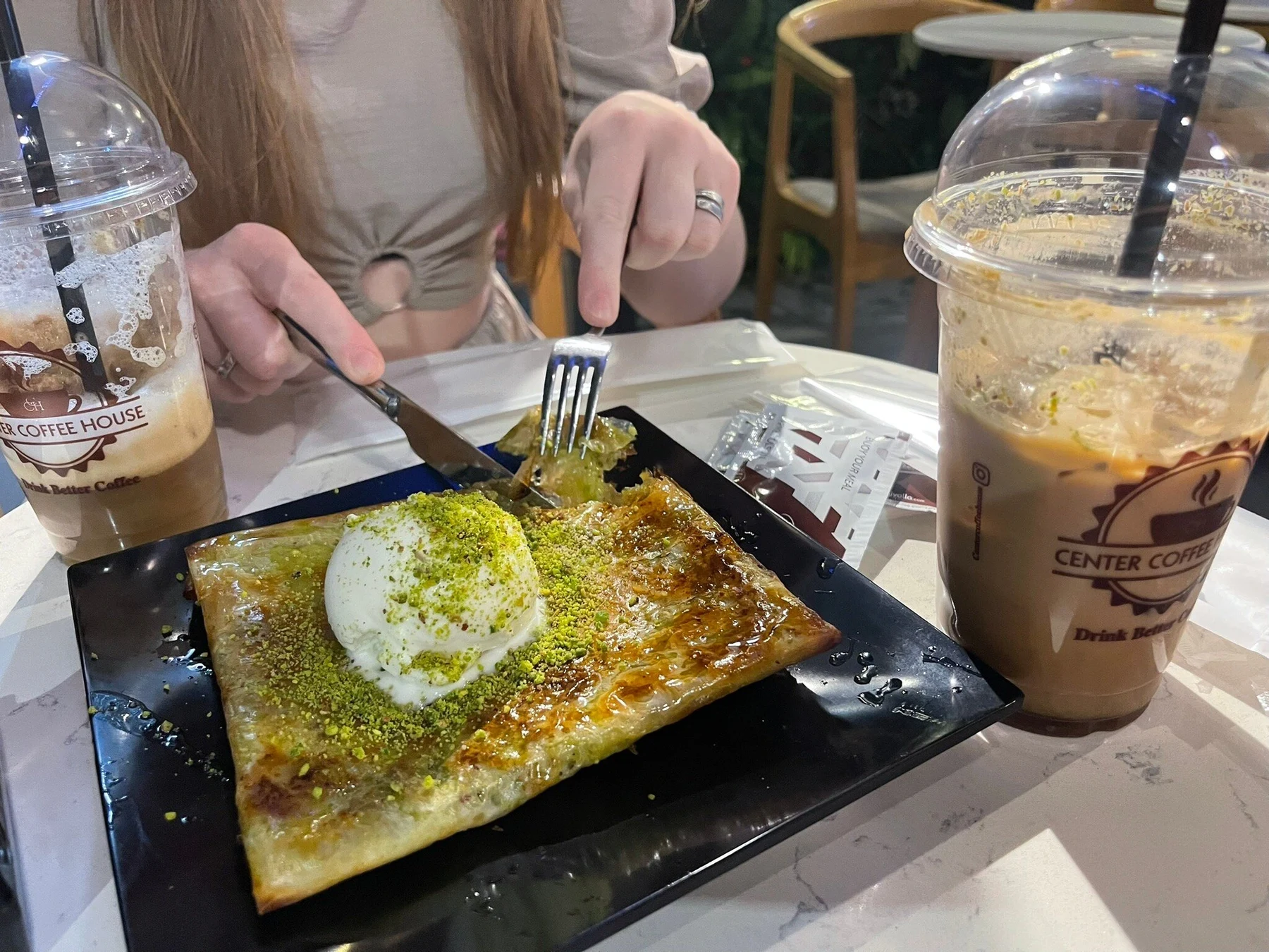 Center Coffee & Baklava in Göreme — baklava with ice cream and café drinks