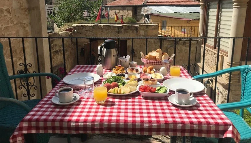 Breakfast table on the hotel balcony at Roca Cappadocia Hotel, Ürgüp