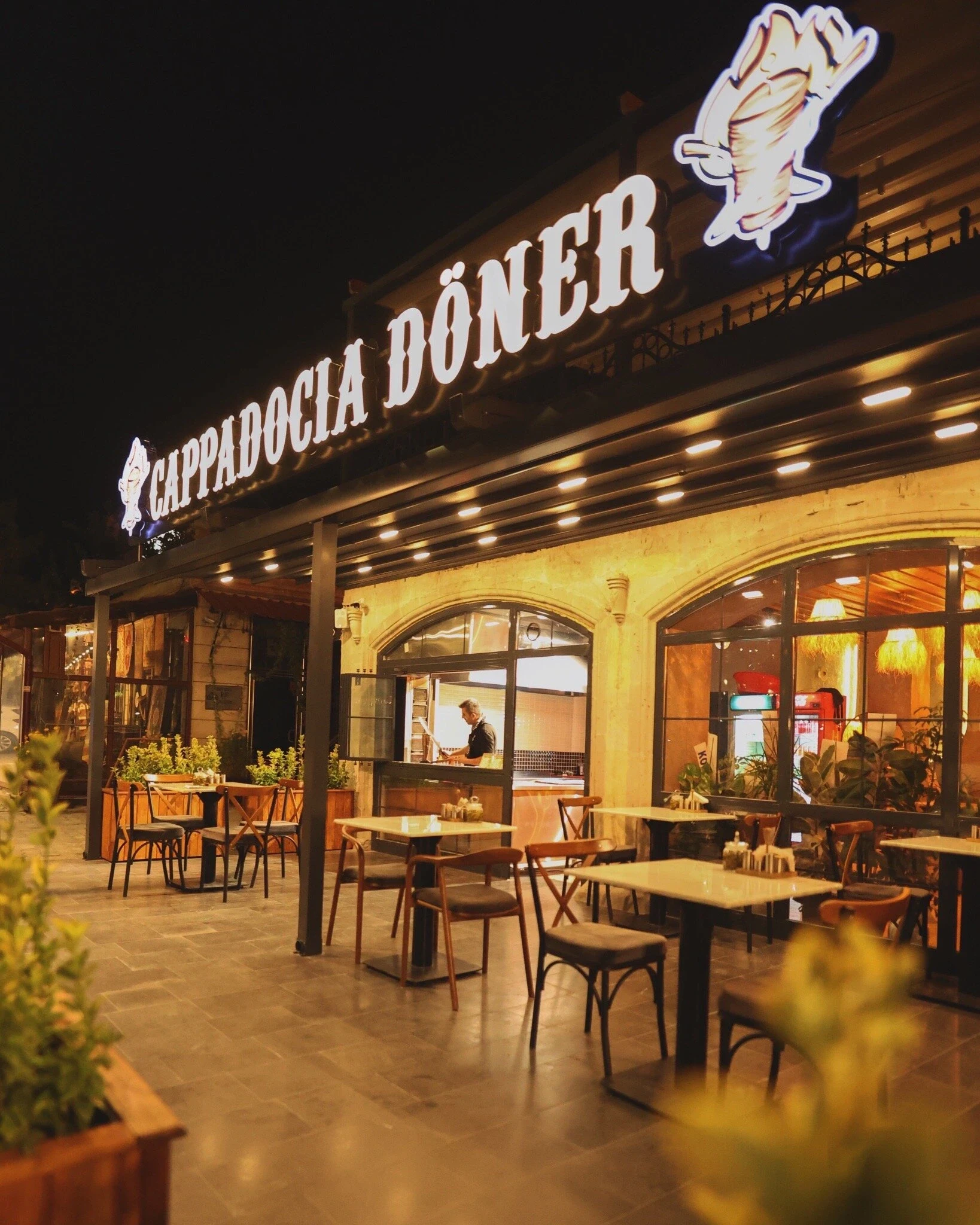 Cappadocia Doner in Göreme — restaurant exterior and outdoor tables at night