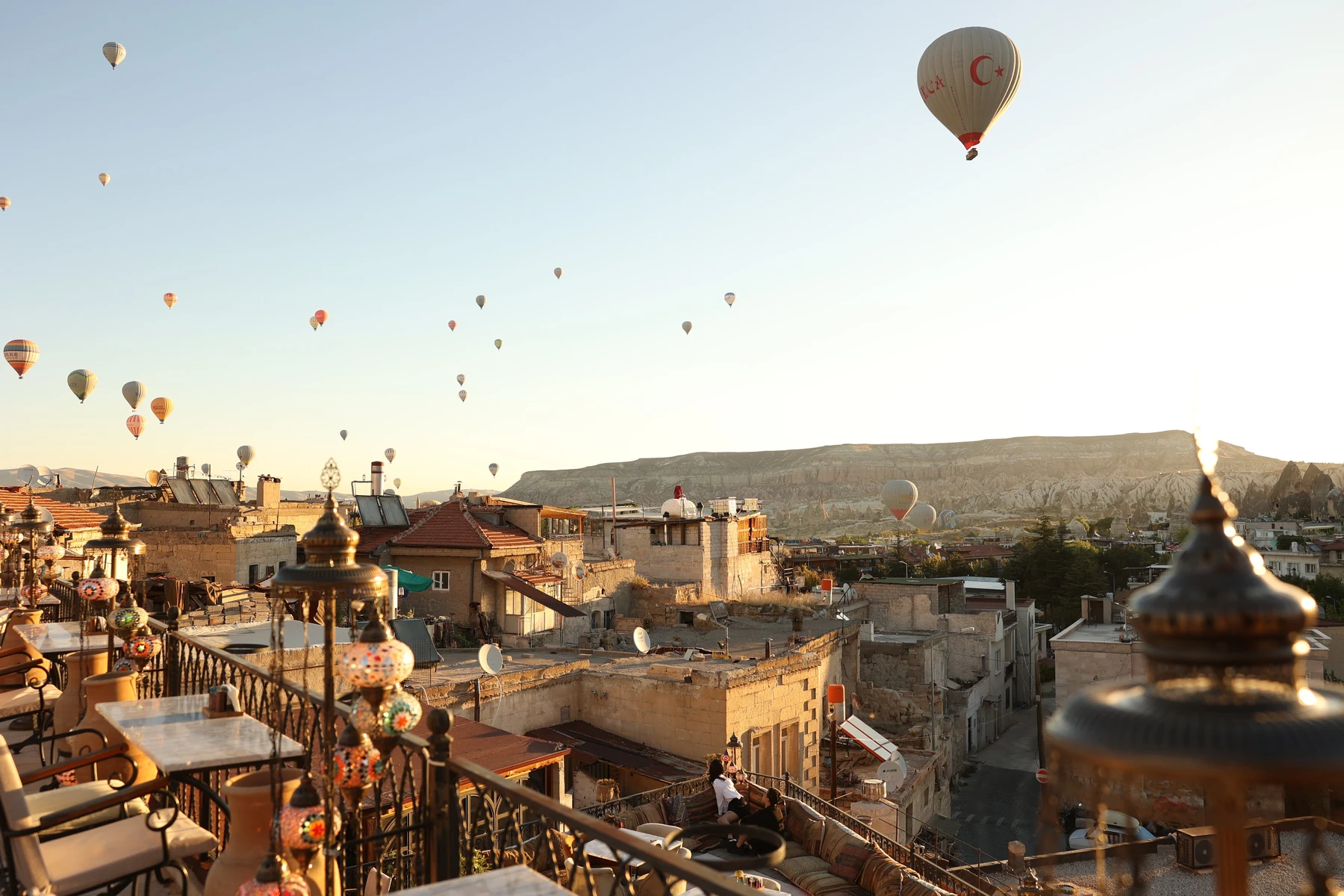 Morning balloon view from Caftan Rooftop Cafe & Restaurant in Göreme