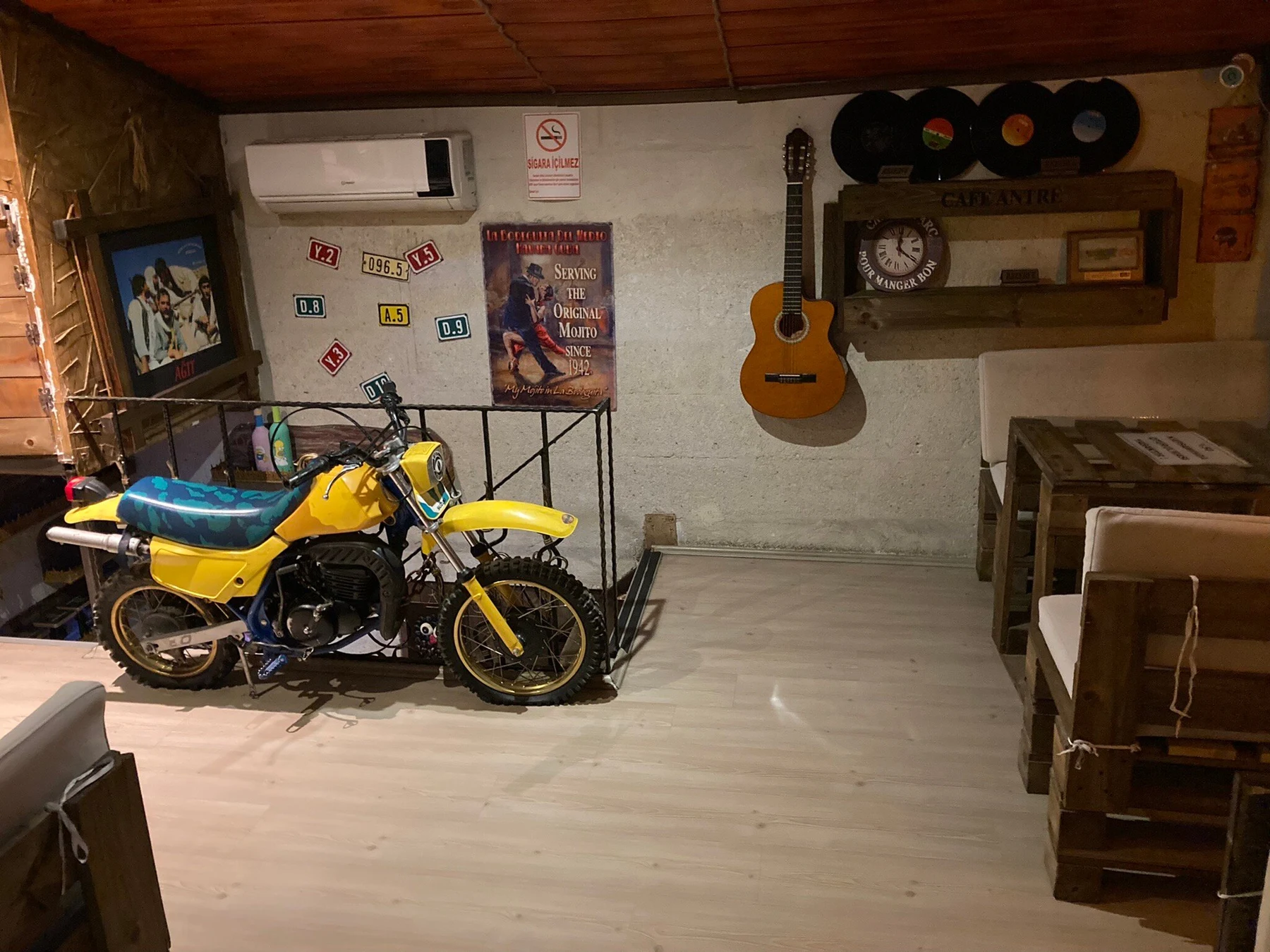 Motorcycle and music-themed interior at Cafe Antre in Ürgüp
