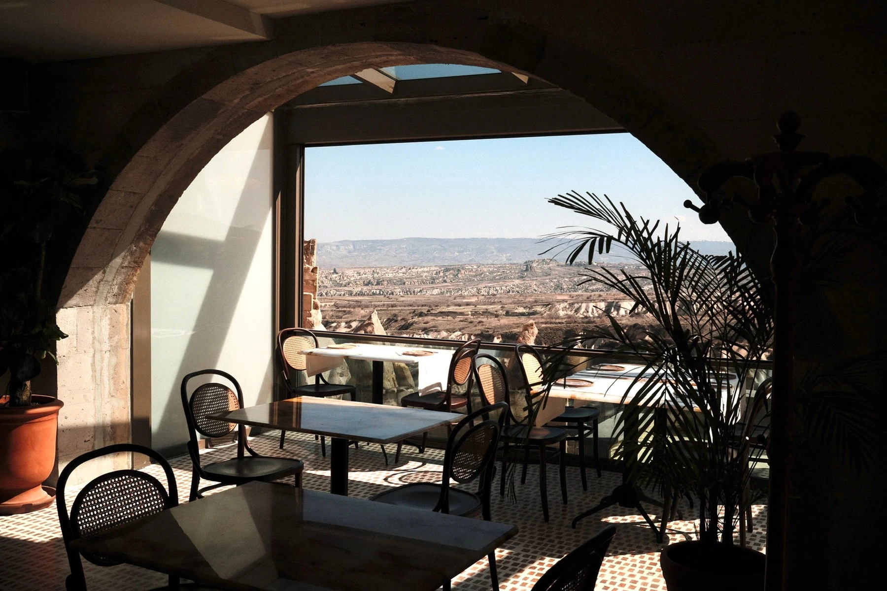 Moniq restaurant window and Cappadocia valley view