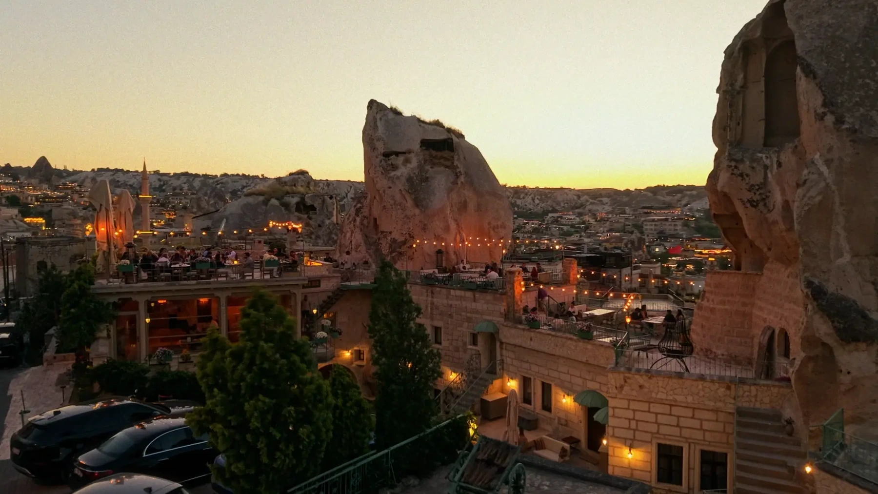 Nana rooftop panorama at sunset over Goreme