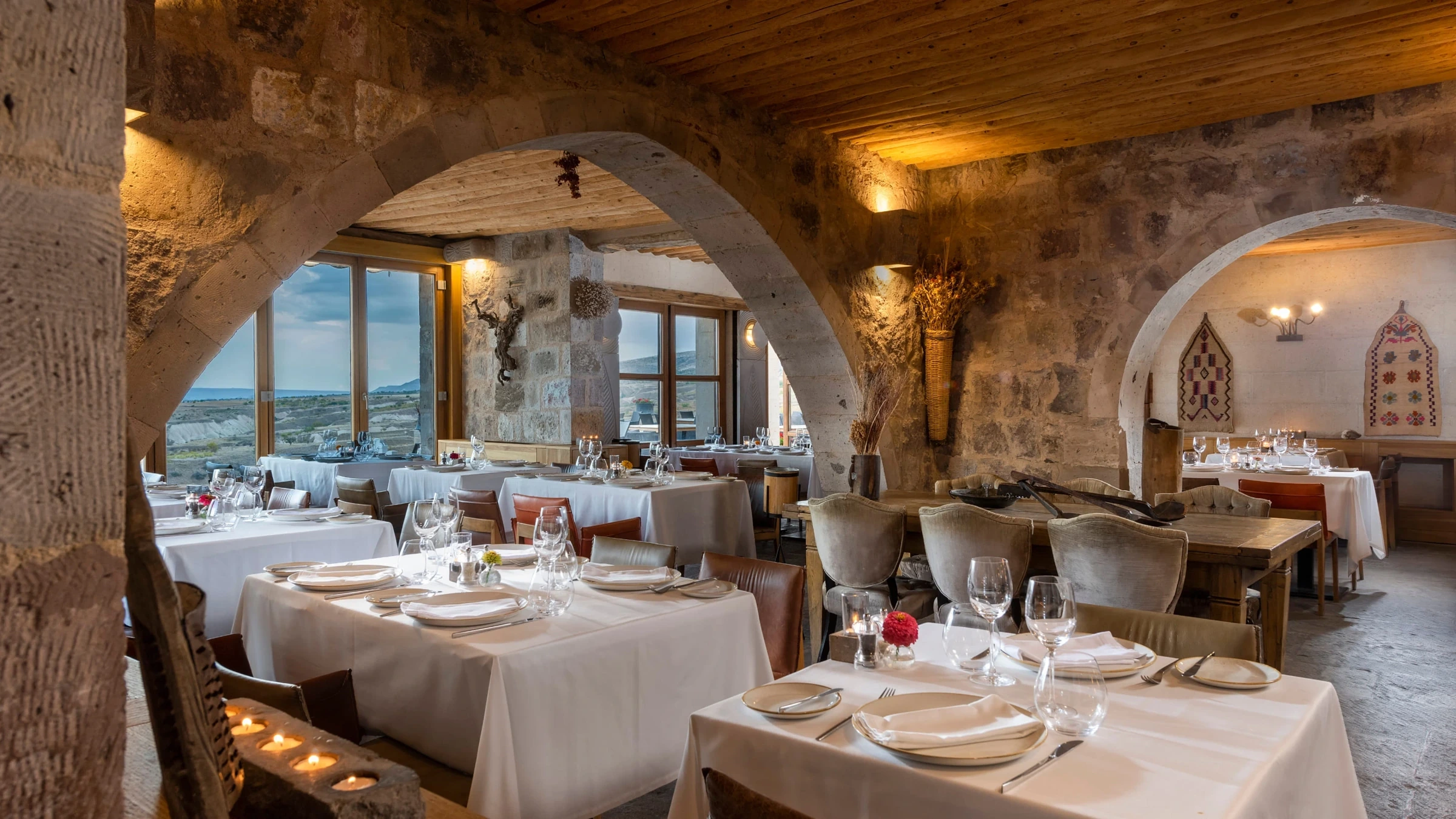 Seki dining room with valley-facing windows at Argos in Cappadocia